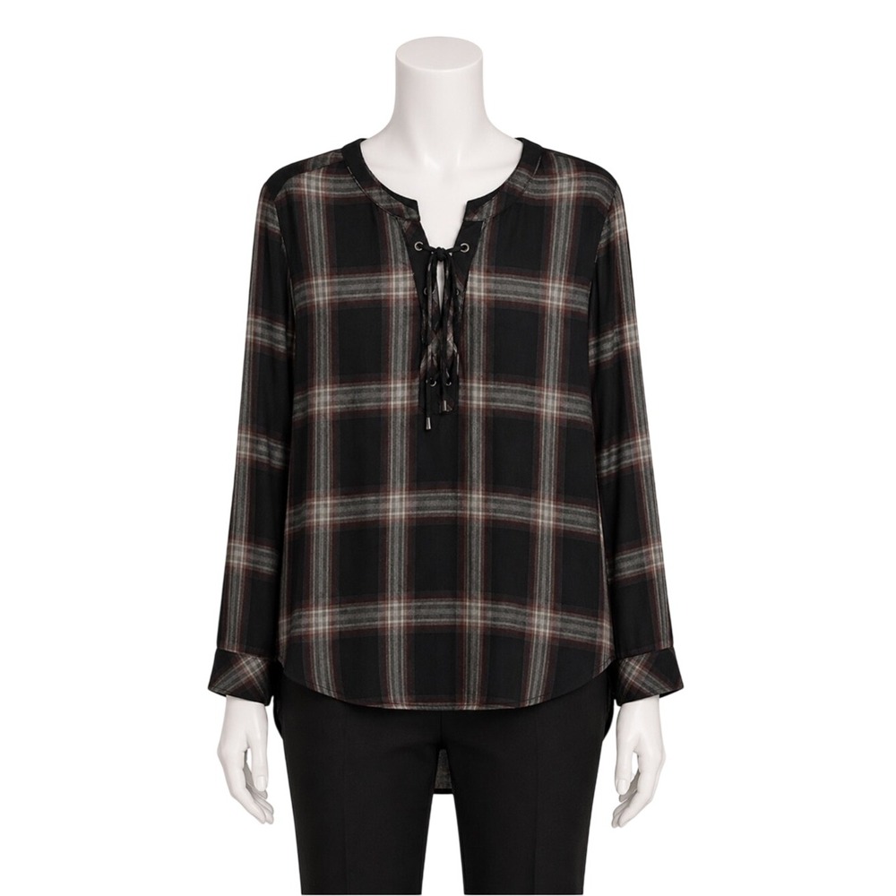 Sanctuary Womens Black Plaid Lace Up V-Neck Long Sleeve Popover Blouse M